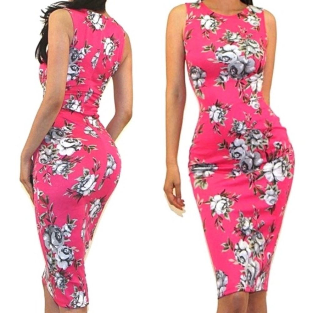 Got Style Delores Hot Pink Gray Floral Sleeveless Bodycon Party Cocktail Dress